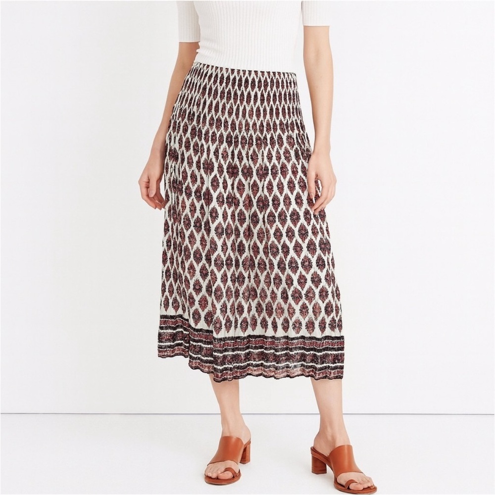Madewell Pleated Midi Skirt Floral Patterned Print Boho White Red Navy Size 6